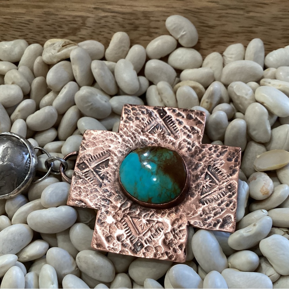 Copper Cross and Sterling Silver Pendant with Turquoise Stone